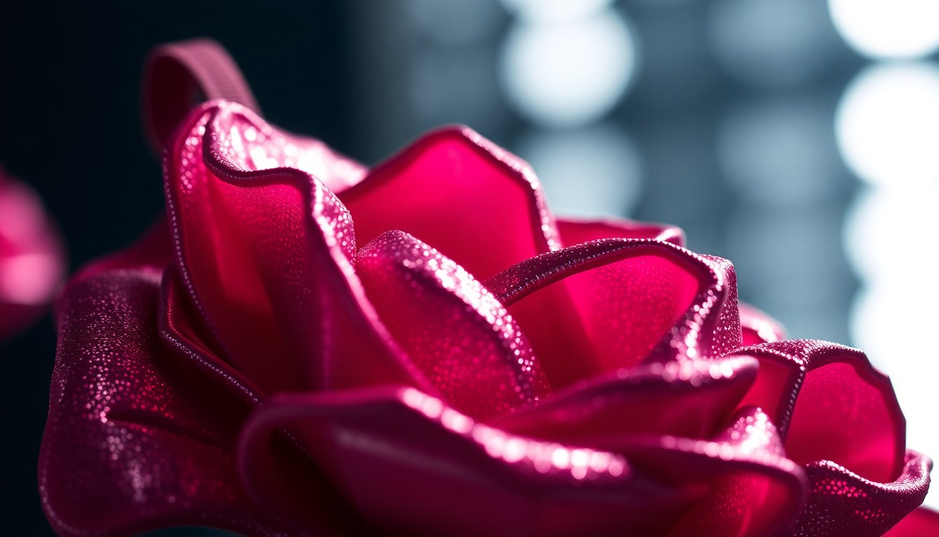An extreme close-up of a shimmering, metallic rose texture captured in dramatic, high-contrast studio lighting, conceptually representing the luxurious and sculptural design of the Willy Chavarria x adidas Harden Vol. 10 shoe.