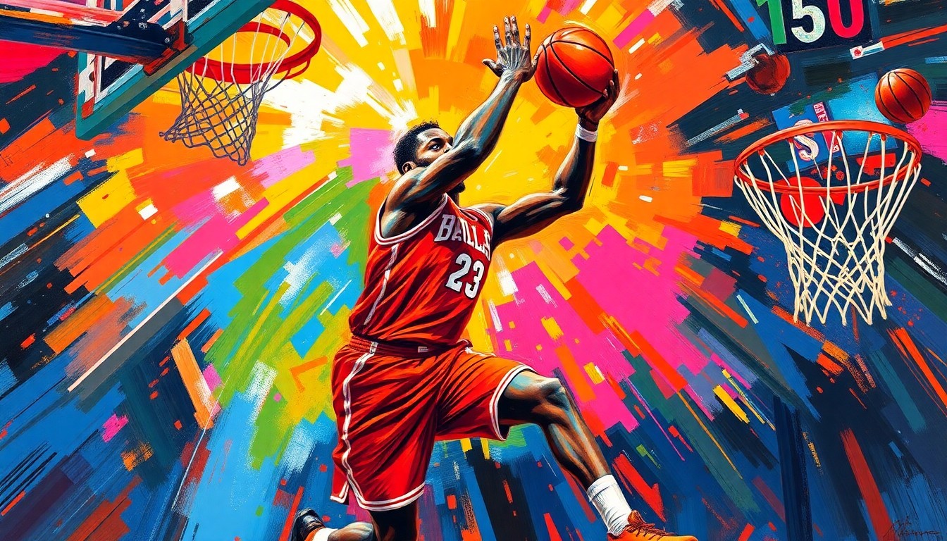 A dynamic, abstract painting in neon colors depicting a basketball player in motion, capturing the intensity and excitement of the sport.