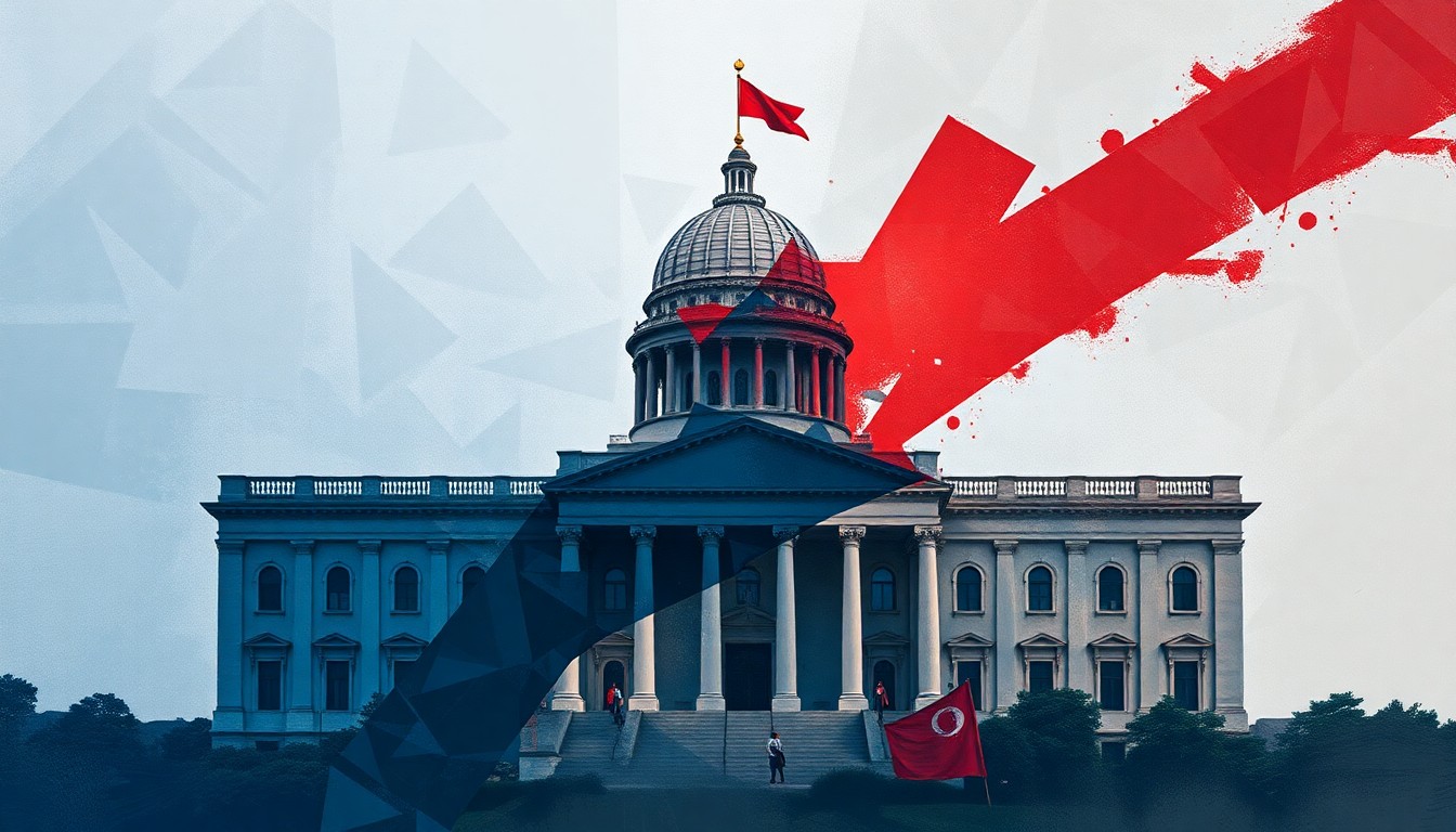 An abstract, fractured painting in shades of blue, grey, and red, depicting a government building or political symbol in an overlapping, geometric style that conveys a sense of motion and instability, conceptually representing the political controversy surrounding immigration enforcement in Minnesota.