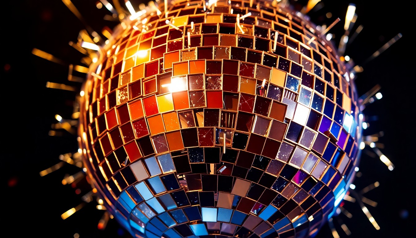 An extreme close-up photograph of a shattered disco ball reflecting glittering shards of light, conceptually representing the dazzling success and cultural impact of a legendary rock album.