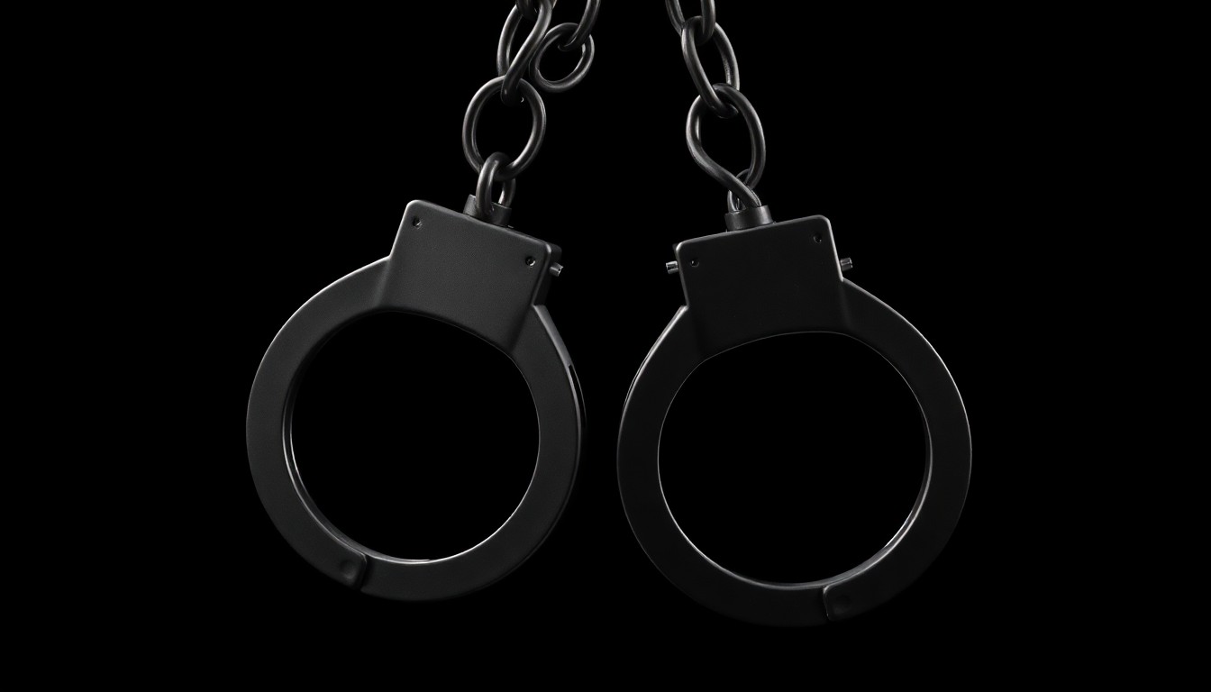 An extreme close-up photograph of a pair of handcuffs against a pitch-black background, lit by a harsh, direct camera flash, conceptually representing the arrest of a boxer on domestic violence charges.