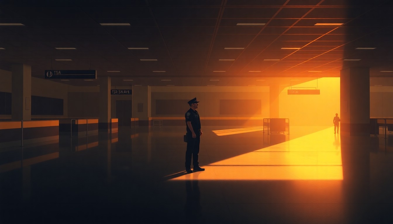 A cinematic painting of a lone TSA officer standing in an empty airport terminal, the warm light and deep shadows creating a sense of solitude and melancholy.
