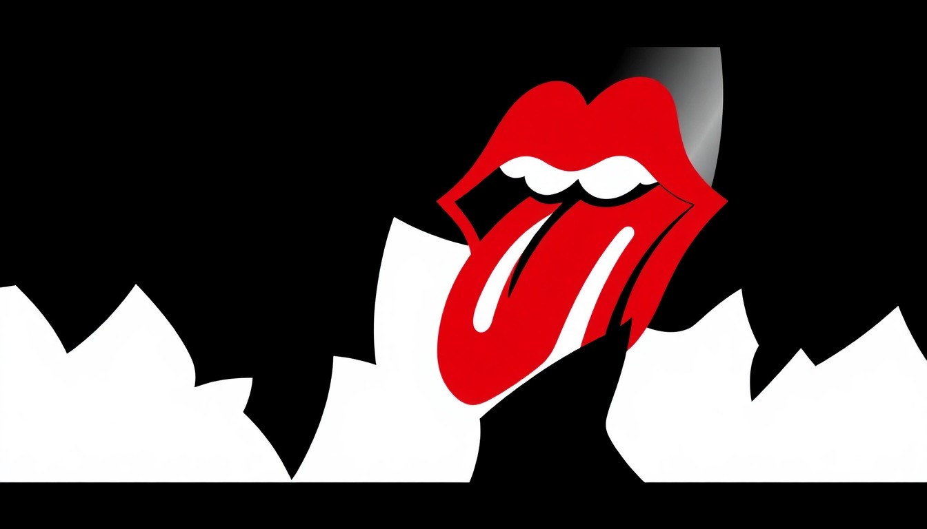 A bold, abstract composition of jagged, geometric shapes in black, red, and white, conceptually representing the Rolling Stones' new music and their enduring influence in the rock music industry.