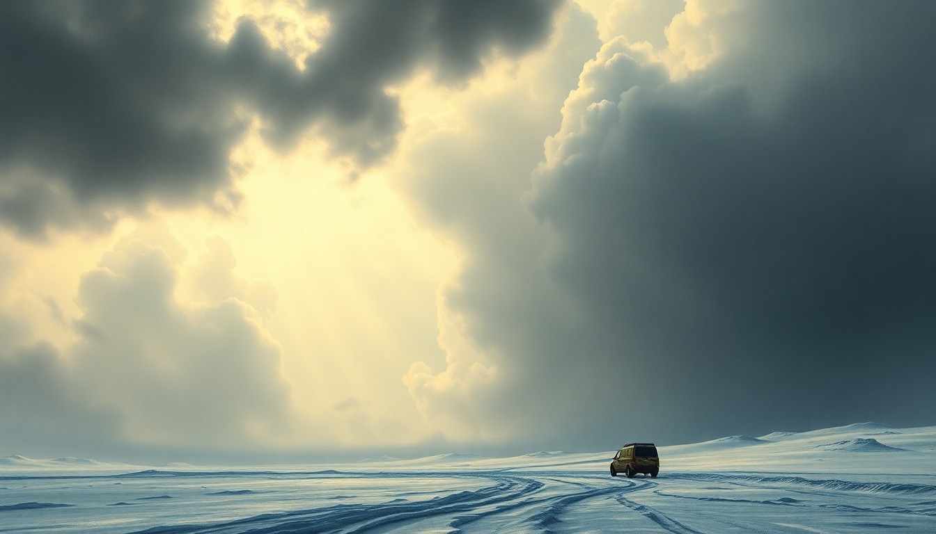 A sweeping, atmospheric landscape painting in muted tones of gray, blue, and white, depicting an expansive, snow-laden vista with heavy clouds obscuring the horizon and dwarfing any visible structures or vehicles, conveying the overwhelming scale and sublime force of an impending winter storm.
