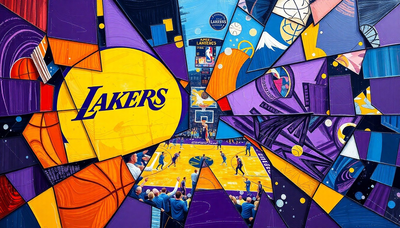 A cubist, geometric painting depicting a basketball game between the Los Angeles Lakers and Denver Nuggets, with the teams' colors of purple, gold, blue, and yellow colliding in a fractured, multi-perspective composition.
