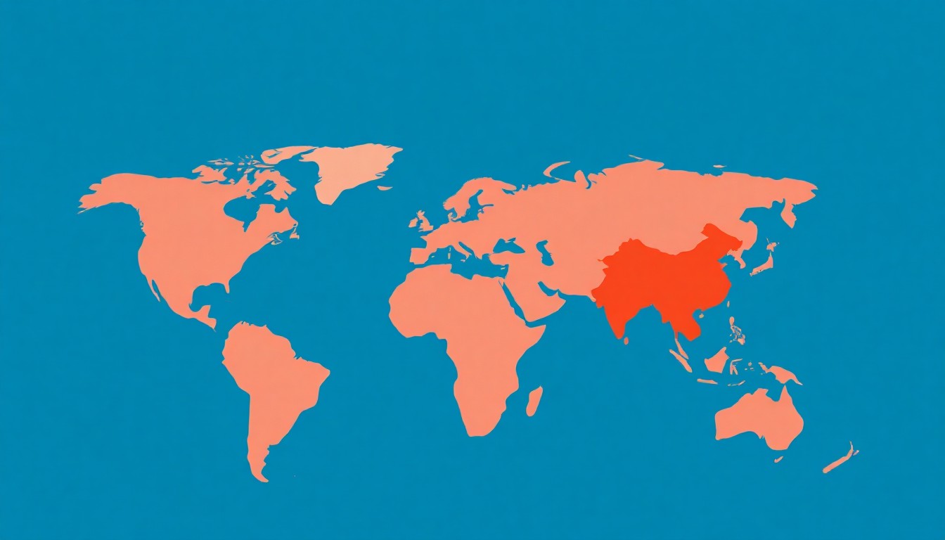 A minimalist, abstract illustration featuring overlapping triangles and circles in shades of blue, red, and yellow, conceptually representing China's efforts to expand its global trade network and counter U.S. influence.