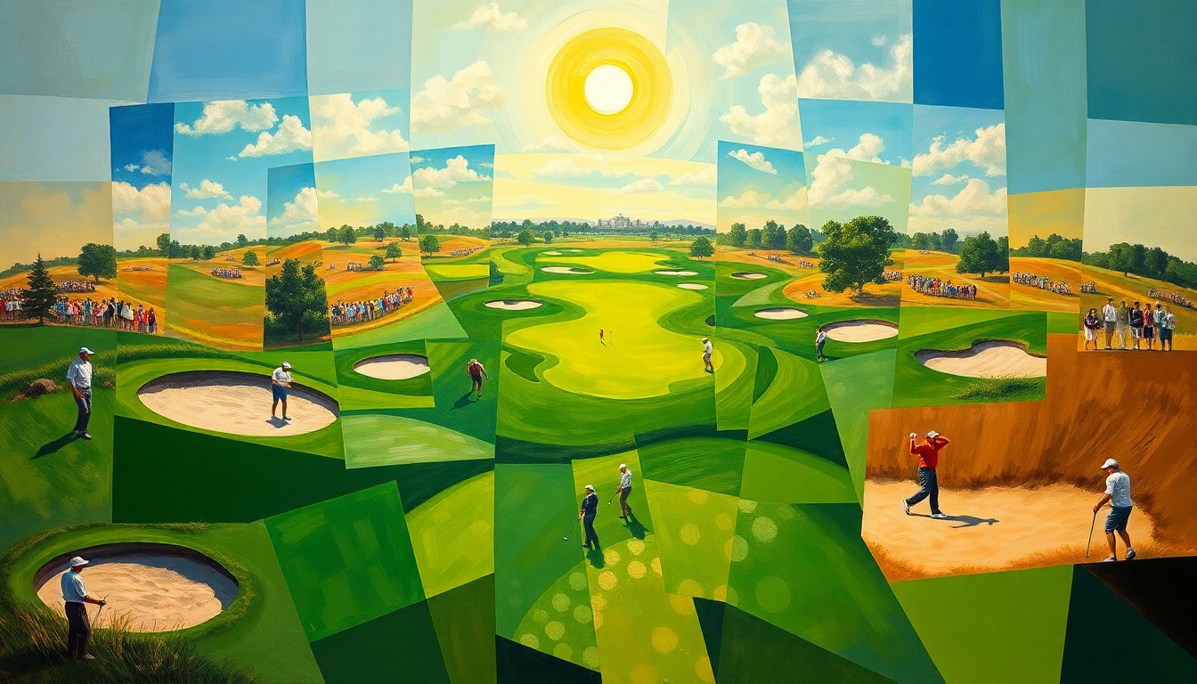 A cubist, geometric painting depicting a professional golf tournament, with the fairways, sand traps, and golfers in motion broken down into sharp, overlapping planes of color and form.