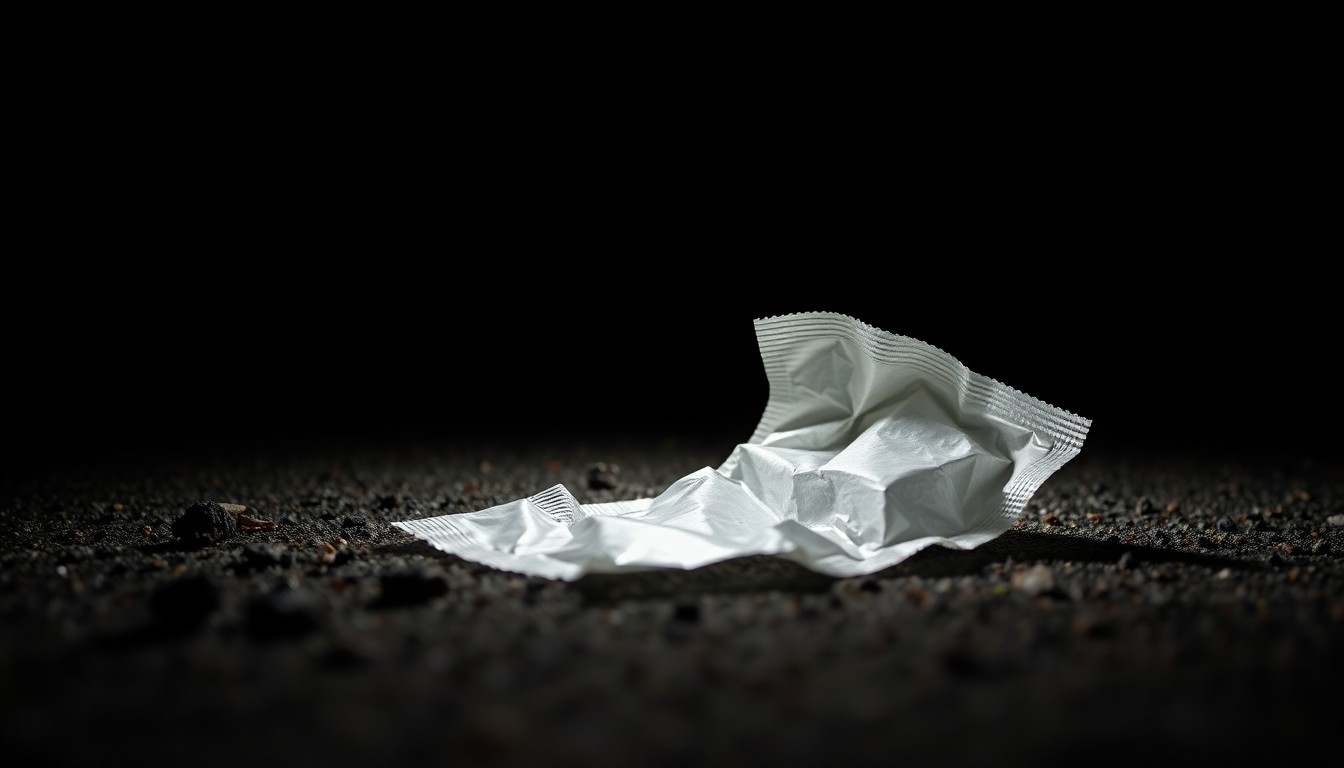 An extreme close-up photograph of a discarded condom wrapper on the ground, conceptually illustrating the disturbing nature of the reported crime.