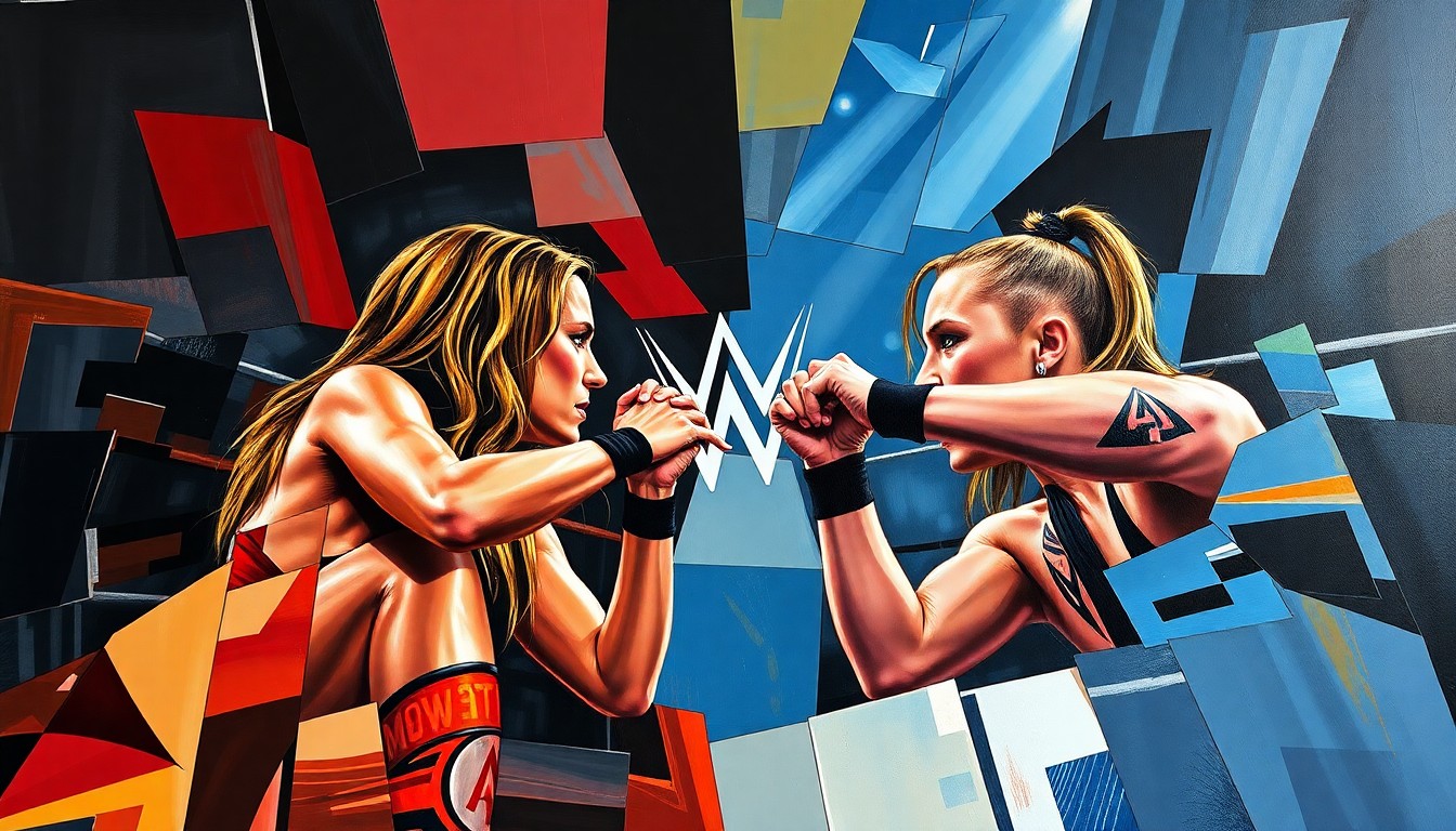 A fragmented, geometric painting depicting a WWE championship match between two female wrestlers, the figures and setting broken down into sharp, overlapping planes of color and form.