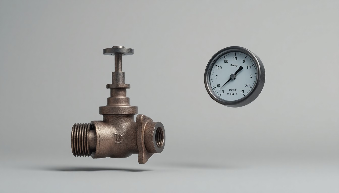 A minimalist, photorealistic studio still life showing a polished metallic gas valve and pressure gauge floating on a clean, monochromatic grey background, symbolizing the abstract concepts of aging energy infrastructure and the uncertainty facing regional communities during transitions to alternative fuels.