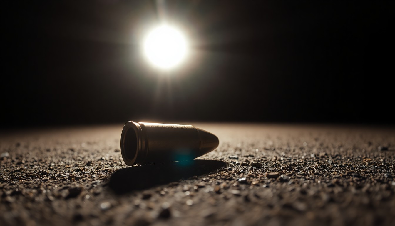 An extreme close-up photograph of a spent shell casing on a dark, gritty surface, lit by a harsh, direct camera flash, conceptually representing the aftermath of a violent crime.