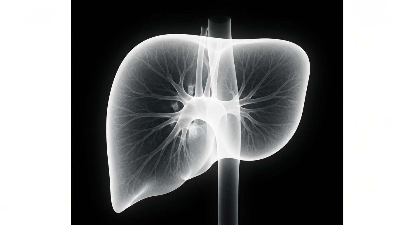 A ghostly, translucent X-ray photograph revealing the intricate internal structures of a healthy human liver, glowing against a dark background and symbolizing a second chance at life.