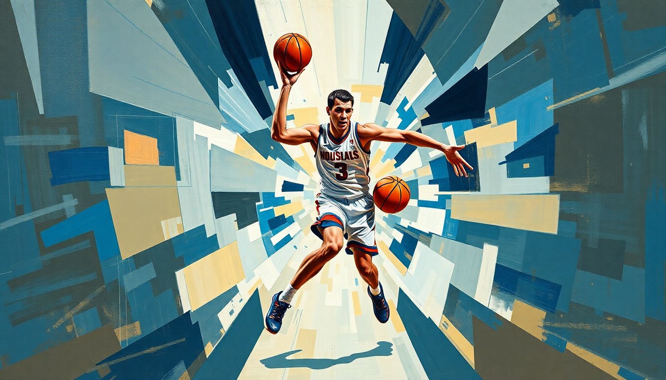 A fragmented, geometric painting depicting a college basketball player's actions, with sharp, overlapping planes of color and form, conveying the conceptual idea of a player's transition to a new program.
