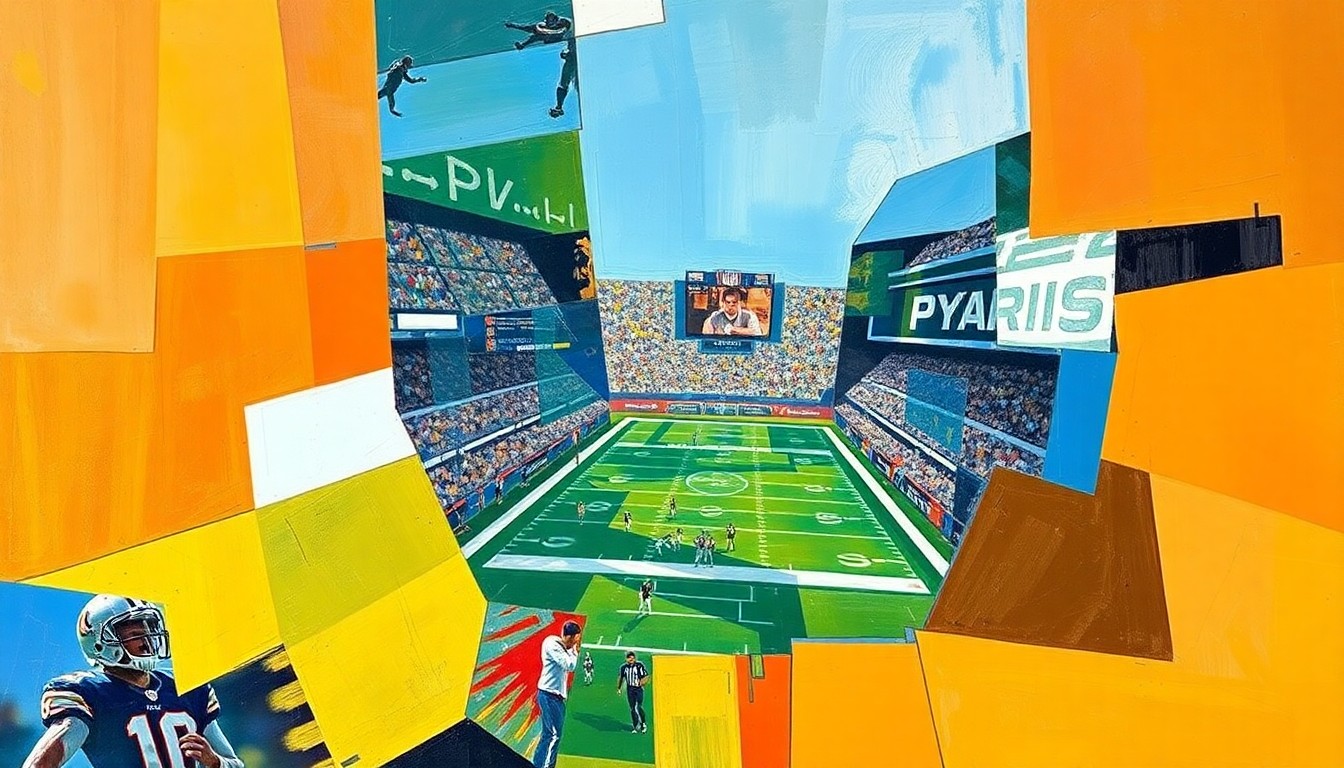 A cubist, geometric painting depicting fragmented football players and draft prospects, conveying the analytical and strategic nature of the NFL Draft process.