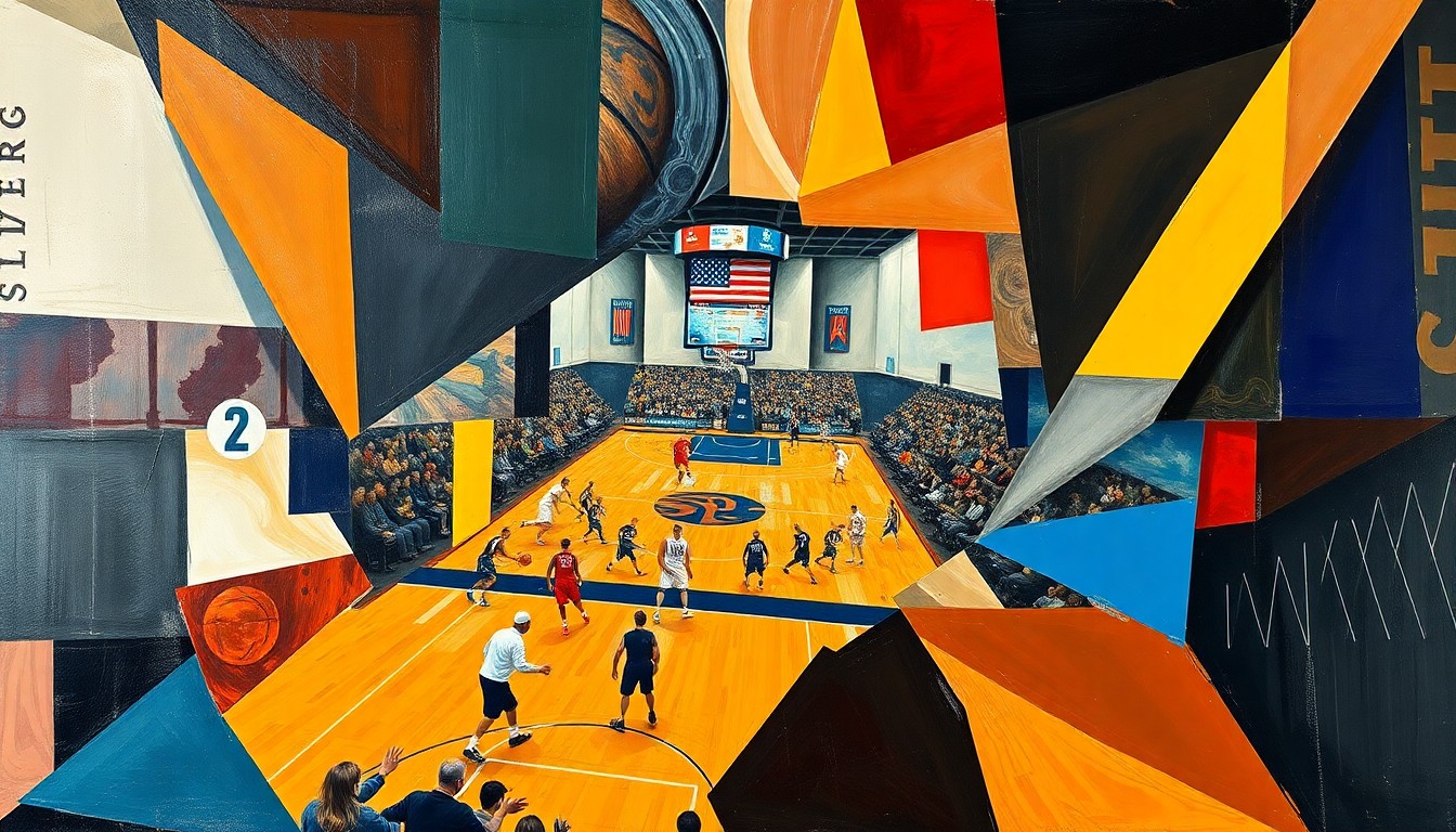 A fragmented, geometric painting depicting the motion and energy of a college basketball game, with sharp, overlapping shapes and planes representing the transition and changes within the UNC program.