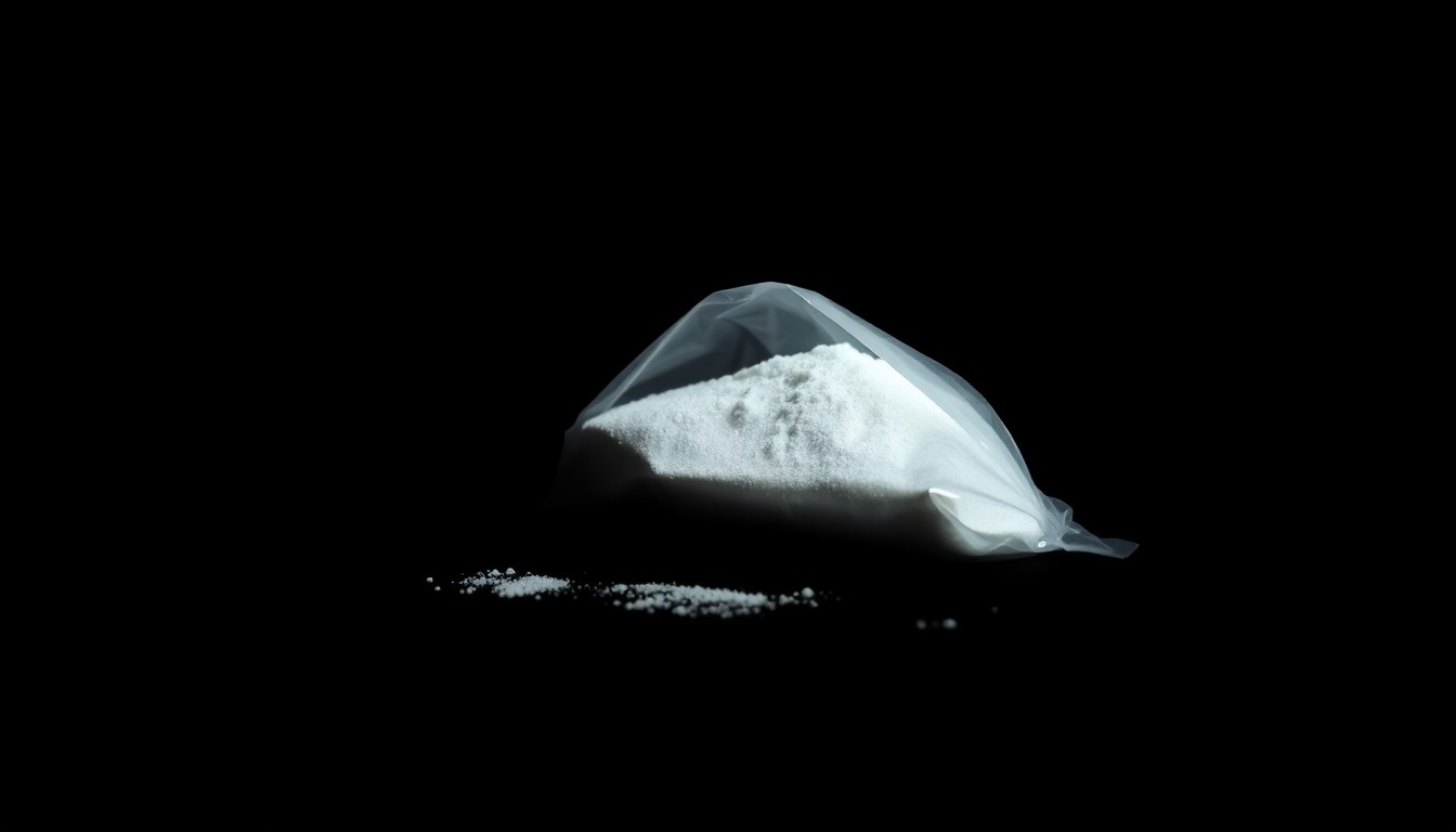 An extreme close-up photograph of a small plastic bag containing white powder, lit by a harsh, direct camera flash against a pitch-black background, conceptually representing the drug charges against the NFL player.
