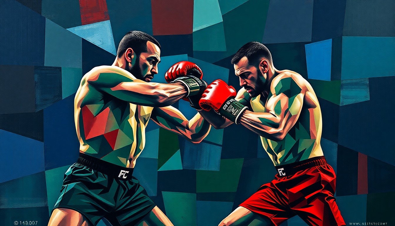 A fragmented, multi-angled painting depicting the intense, calculated movements of two light heavyweight mixed martial artists mid-fight, their forms broken down into sharp, overlapping geometric planes in a vibrant color palette.