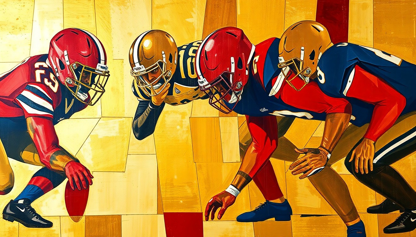 A cubist, geometric painting depicting the fragmented forms of an offensive line, with sharp planes of gold, red, and navy blue overlapping to create a dynamic, abstract representation of the position group.
