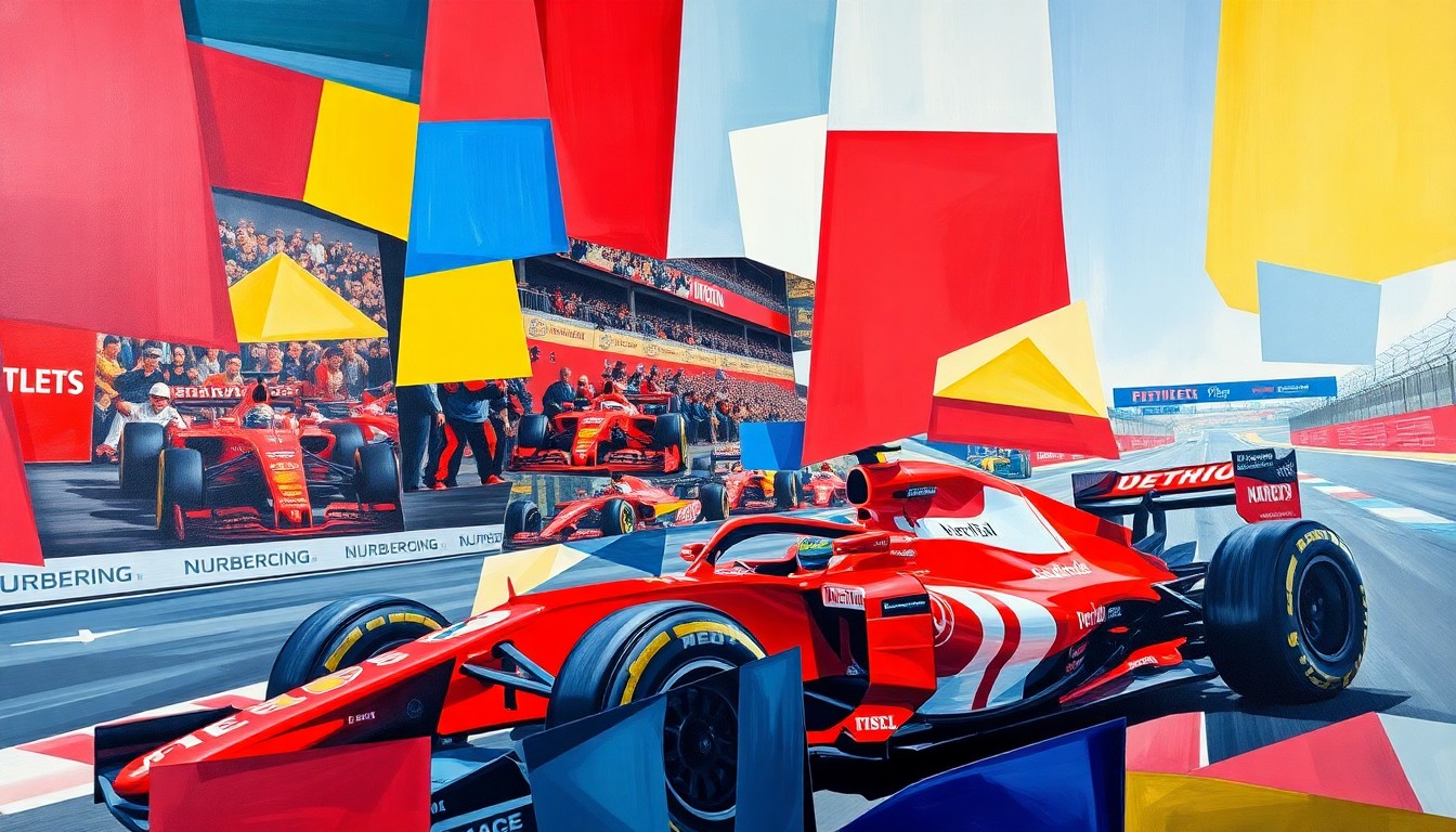 A fragmented, geometric painting in bold colors depicting a Formula 1 race at the Nurburgring, with overlapping planes and shapes representing the sport's shifting focus on data, organizational strategy, and storytelling.