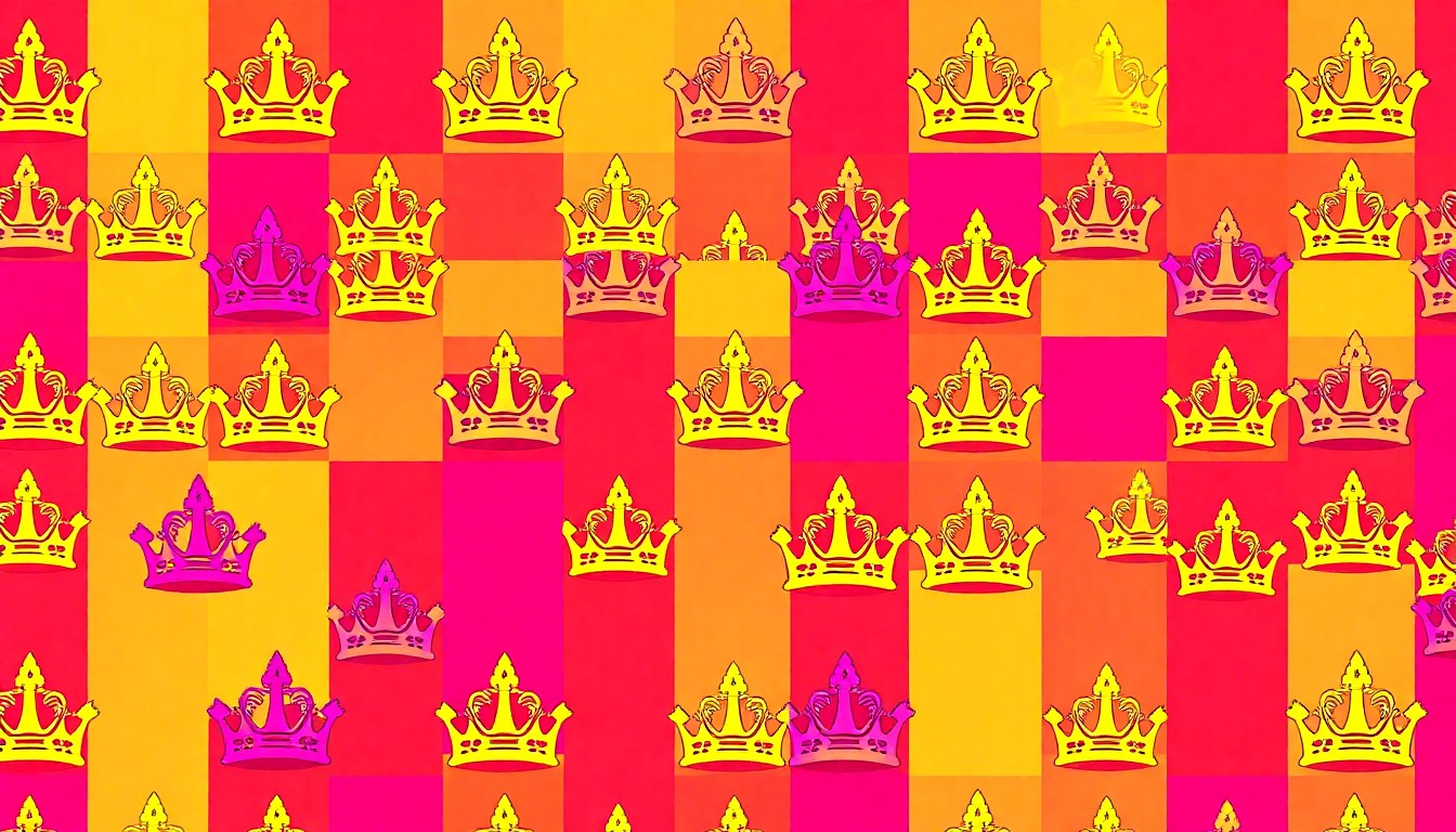 A highly stylized, pop art-inspired image composed of a repeating pattern of a vibrant, neon-colored beauty pageant crown or sash, rendered in a bold, graphic silkscreen style that transforms the iconic pageant symbol into a modern, visually striking editorial illustration.