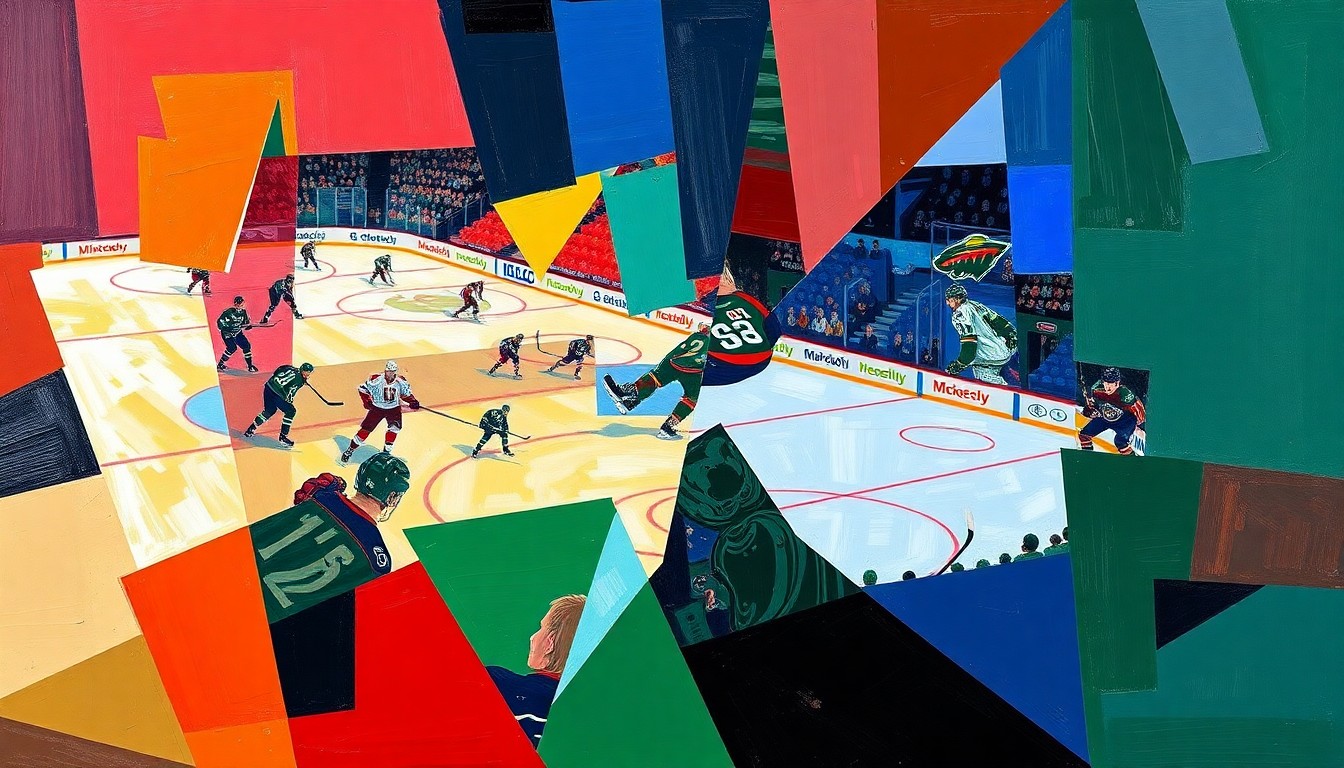 A cubist-style painting depicting a hockey game, with the players and ice rink broken down into overlapping geometric shapes and planes in vibrant colors, representing the strategic and analytical nature of the Wild's roster moves.
