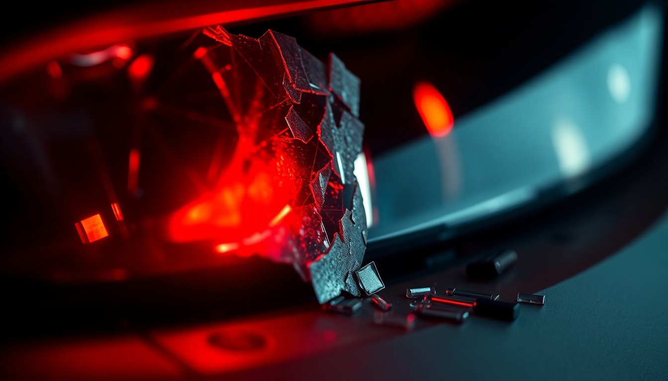 An extreme close-up of a shattered car sensor lens reflecting a faint red light, conceptually illustrating the vandalism of self-driving cars.