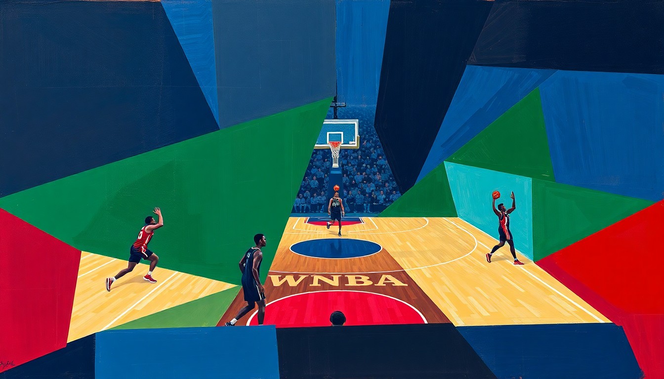 A fragmented, cubist-style painting depicting a WNBA basketball game, with the players and court broken down into sharp, overlapping geometric shapes in a color palette of navy, green, and red, conveying the conceptual idea of the league's strategic priorities.