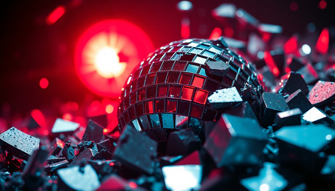 An abstract close-up image of shattered glass fragments reflecting a faint red light, conveying the raw, energetic spirit of a surprise rock performance.