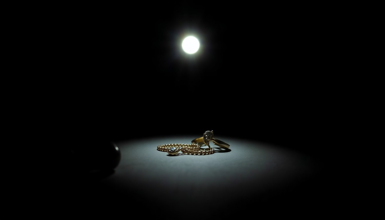An extreme close-up photograph of a personal item belonging to Nancy Guthrie, such as a bracelet or a key, lit by a harsh, direct camera flash against a pitch-black background, conceptually illustrating the investigative efforts to uncover clues in this high-profile kidnapping case.