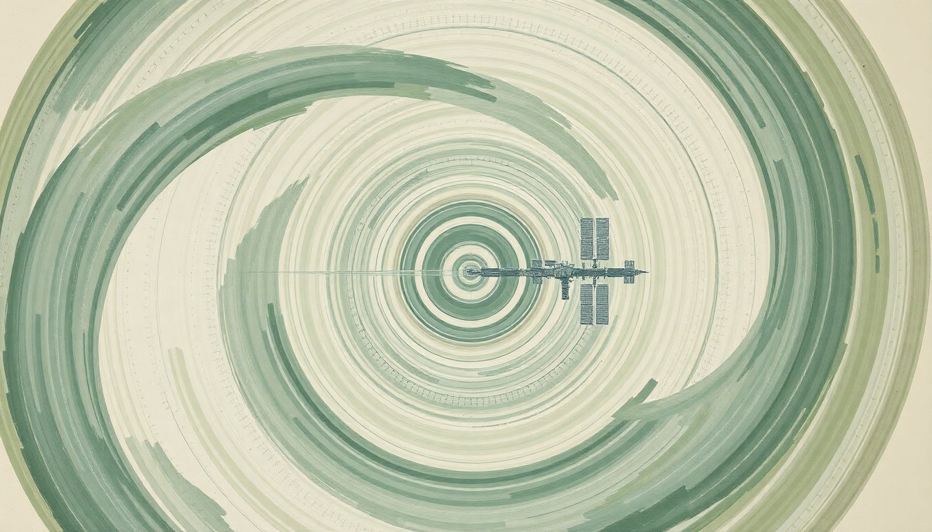 A bold, abstract painting in muted tones of green, blue, and gray, featuring sweeping geometric arcs, concentric circles, and precise spirals, conceptually representing the complex forces and dynamics of the International Space Station and its crew operations.