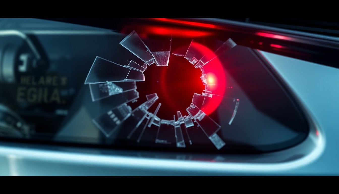 An extreme close-up of a shattered car sensor lens reflecting a faint red light, conceptually illustrating the vandalism of self-driving cars.