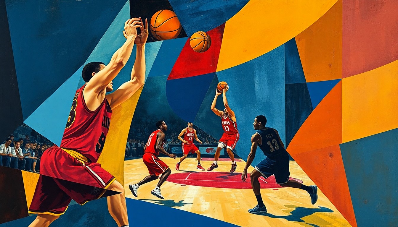 A cubist, geometric painting depicting an abstracted basketball game, with angular, overlapping forms in a palette of blues, reds, and ochres, representing the multifaceted nature of Kon Knueppel's impactful rookie season.