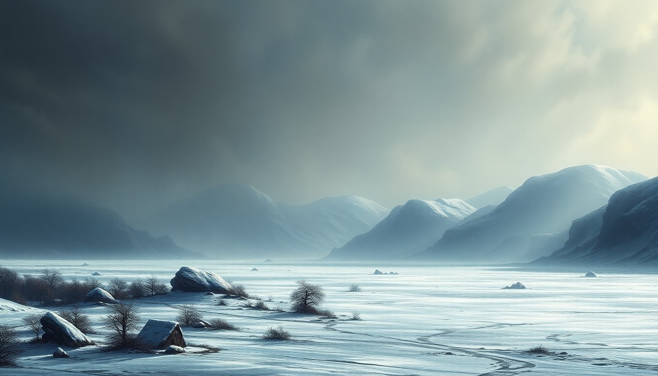 A vast, frozen landscape painting in muted blues and grays, with a distant horizon line and a sense of overwhelming scale, conveying the overwhelming power of the extreme cold weather event.