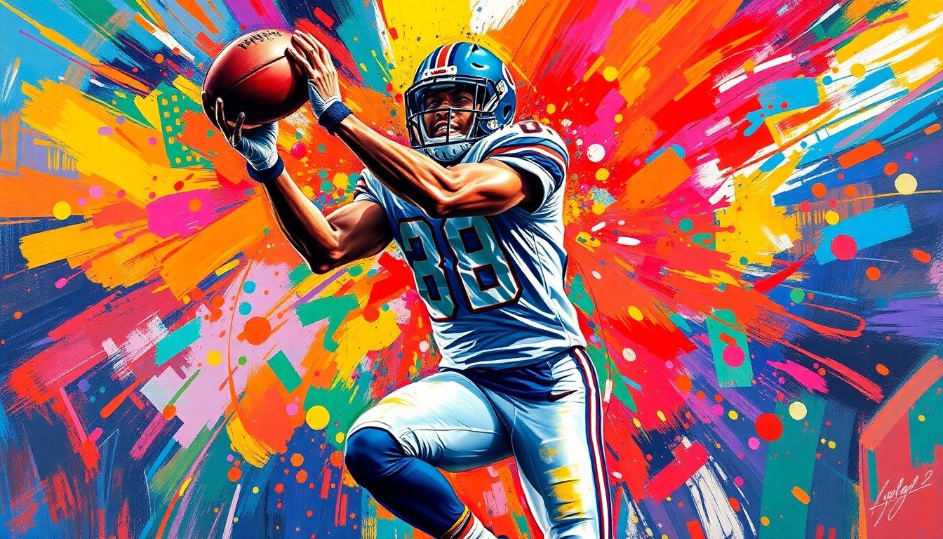 A vibrant, expressionist painting in neon colors depicting a wide receiver making a leaping catch, with the player's face and jersey details dissolving into unrecognizable splatters of color, conceptually representing the dynamic energy and potential of Denzel Boston.
