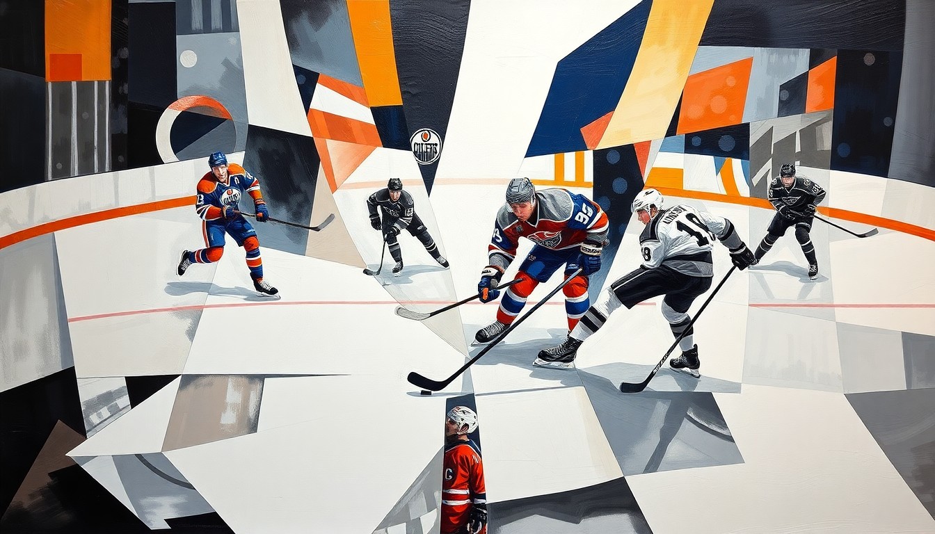 A cubist, geometric painting depicting the dynamic action of a hockey game between the Edmonton Oilers and Los Angeles Kings, with the players' movements and the puck rendered in a fractured, abstract style.