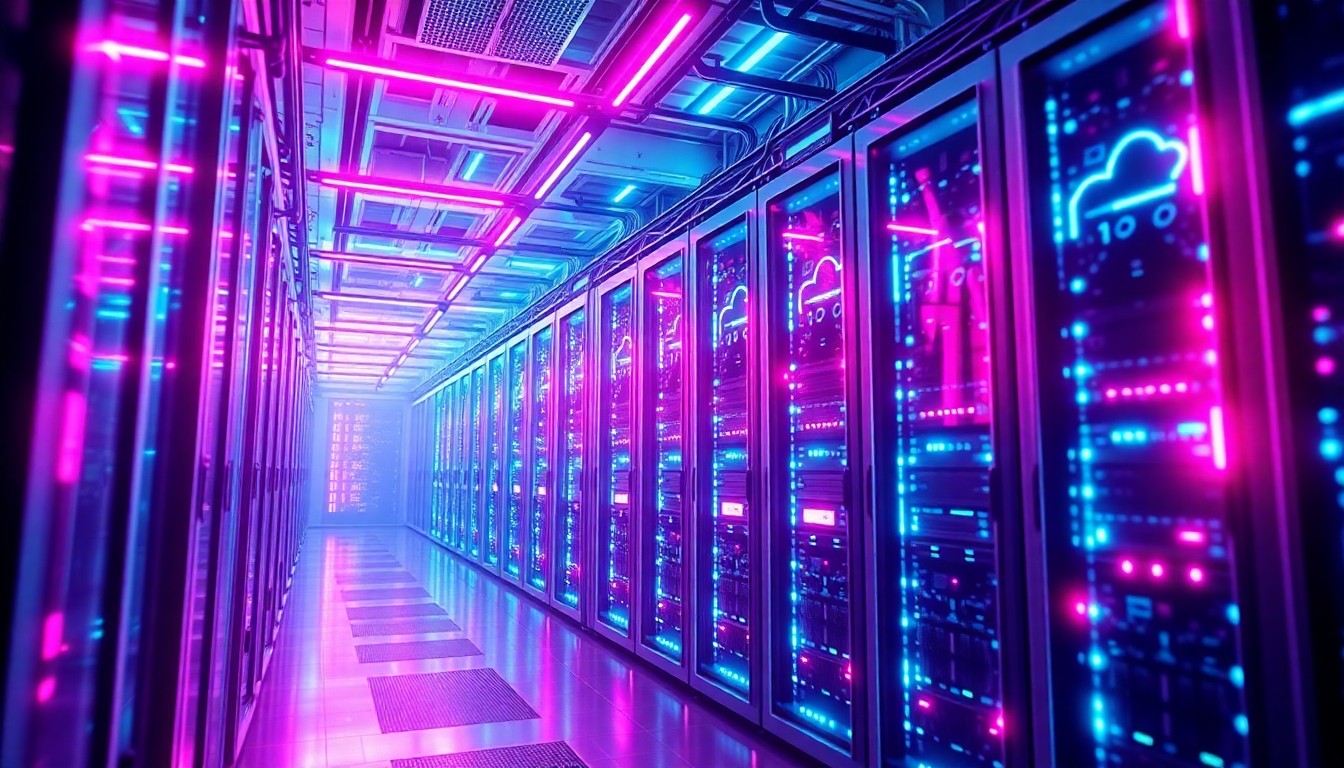 A highly detailed, glowing 3D illustration of a futuristic data center or cloud computing facility, with neon cyan and magenta lights illuminating the intricate hardware and infrastructure, conceptually representing the vulnerability and importance of this critical digital technology in the face of geopolitical tensions.