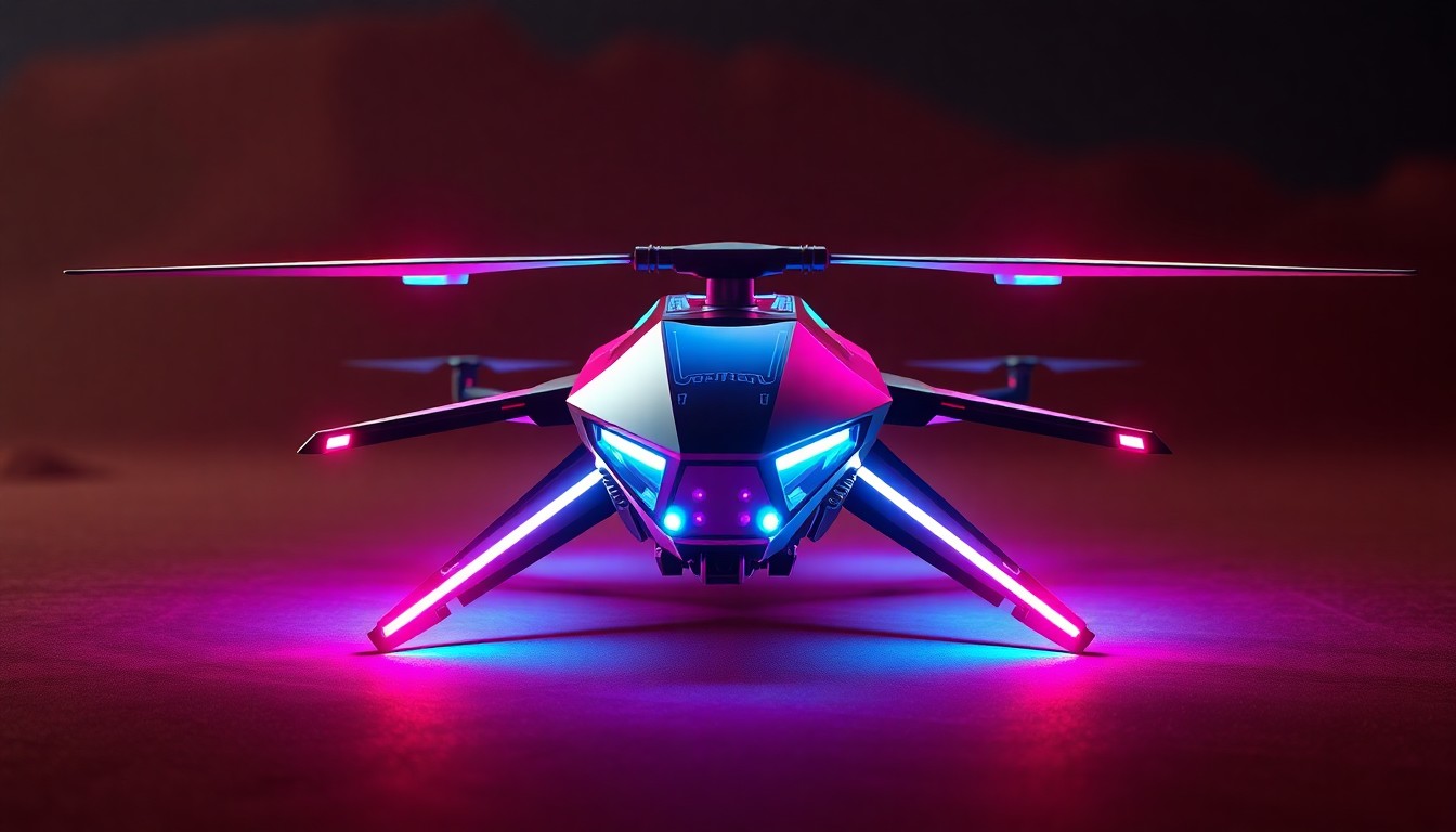 A highly detailed, glowing 3D macro illustration of a next-generation Mars helicopter drone, with its sleek, angular frame illuminated by neon cyan and magenta lights, representing the advanced robotics and AI technologies enabling NASA's ambitious space exploration missions.