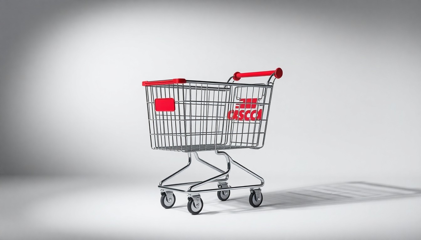 A high-end, photorealistic studio still-life photograph featuring a polished, geometric Costco shopping cart made of brushed metal and glass, floating elegantly on a clean, monochromatic seamless background. The cart is illuminated with dramatic studio lighting, casting deep shadows to symbolize the strategic business decisions and financial impact behind Costco's expansion.