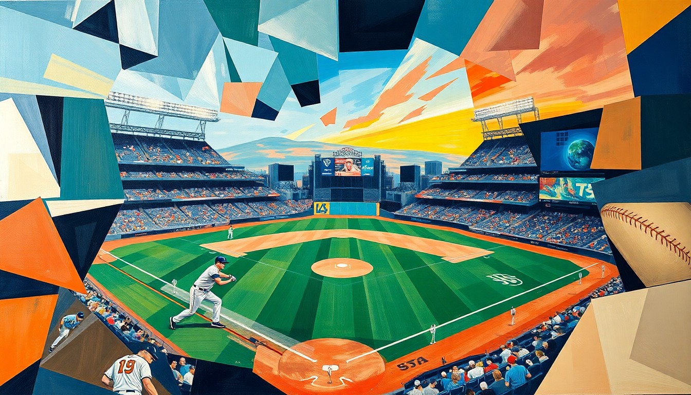 A cubist, geometric painting depicting a baseball game between the Seattle Mariners and Houston Astros, with the players and action on the field broken down into abstract shapes and planes of color.
