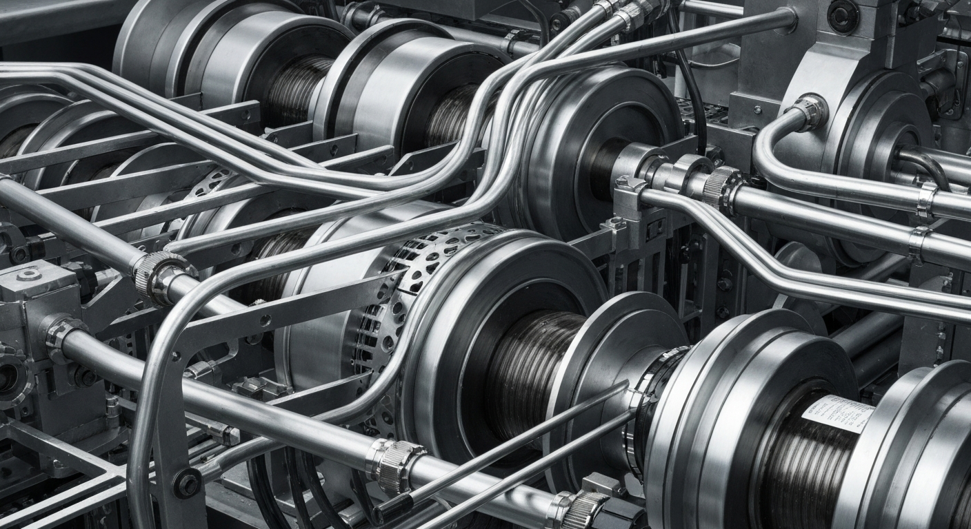 An extreme close-up of gears, levers, and metal components of a banking machine, representing the intricate infrastructure that powers the forex market.