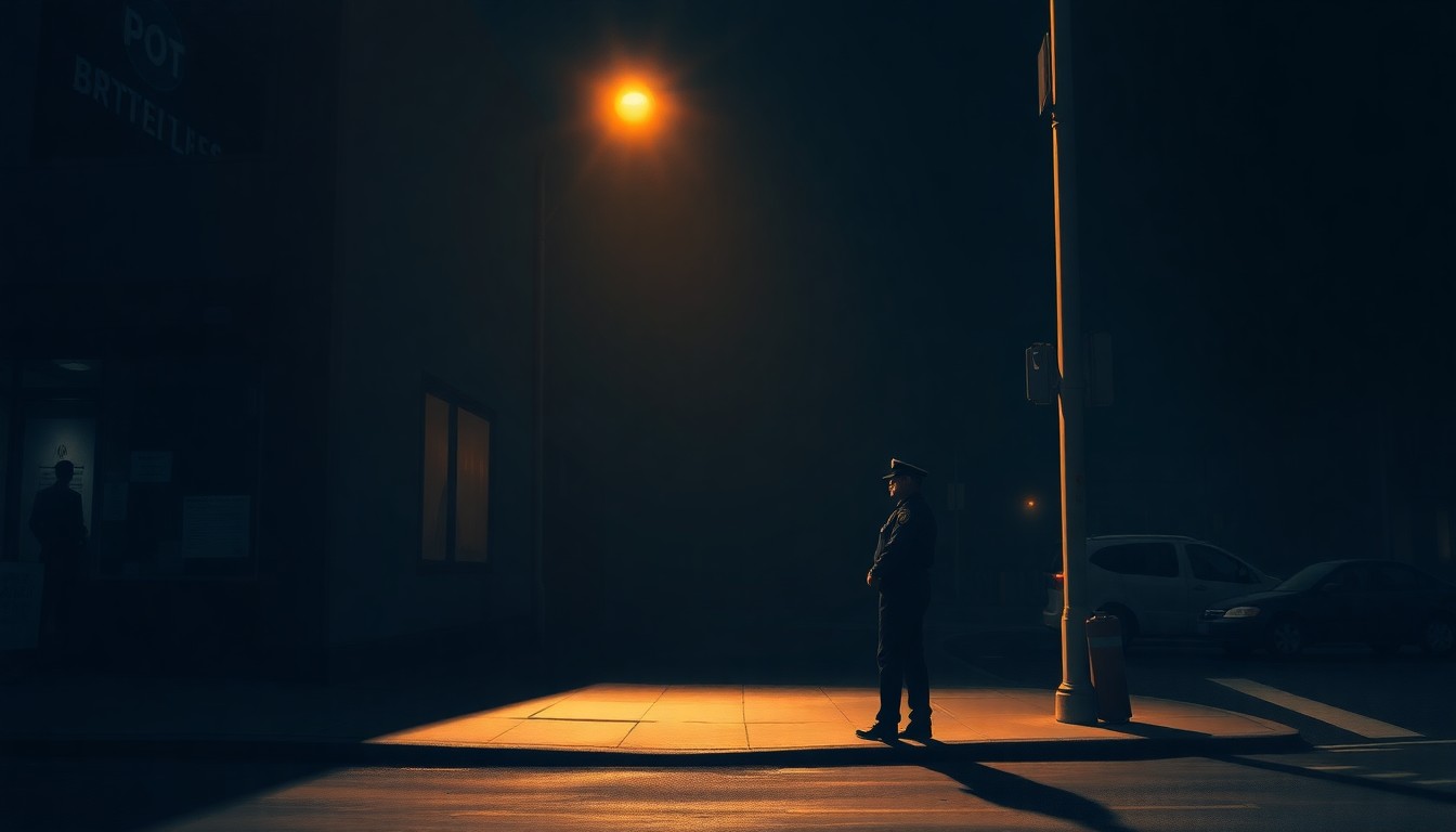 A photorealistic painting of a solitary police officer standing on a dimly lit urban street corner, the warm sunlight casting long shadows across the pavement and buildings. The scene conveys a sense of quiet contemplation and unease, reflecting the complex challenges facing the city.