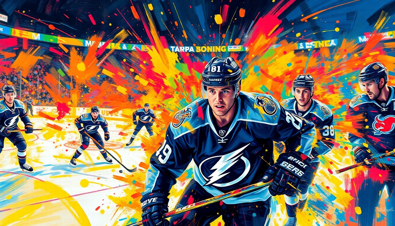A dynamic, abstract painting in neon colors and bold brushstrokes, capturing the intense action and movement of a Tampa Bay Lightning hockey game, with players' forms dissolving into vibrant splashes of paint.