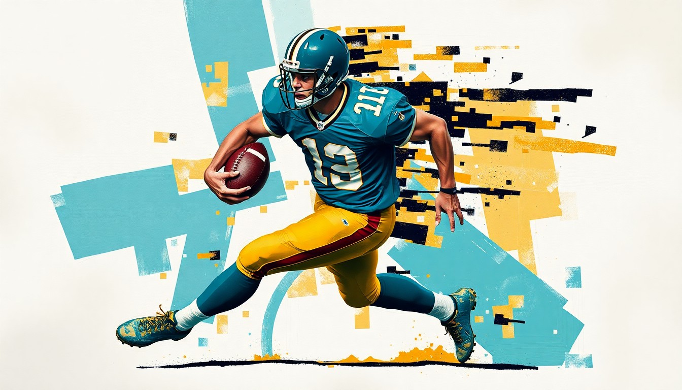 A fragmented, cubist-style painting depicting a football player in motion, with sharp geometric shapes in the Jaguars' team colors of teal, gold, and black, conveying the complex decision the team faces regarding their star receiver.