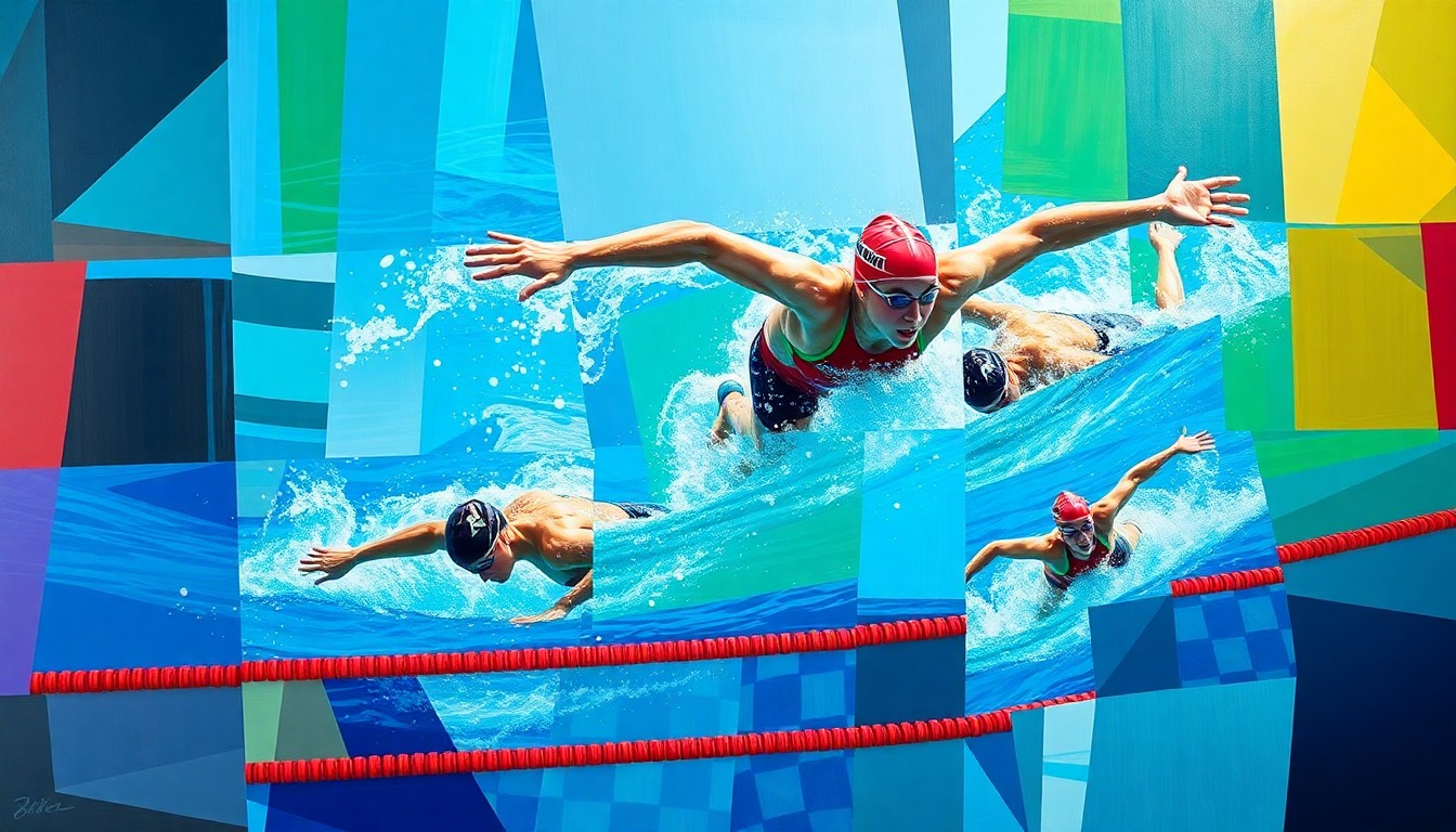 A fractured, cubist-style painting depicting the chaotic energy and overlapping perspectives of a women's swimming competition, with vibrant blues, greens, and reds representing the sport's dynamism.
