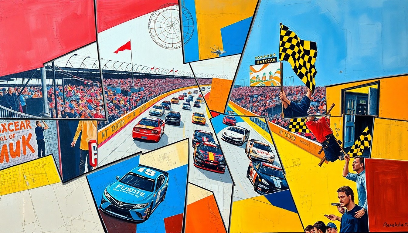 A cubist-style painting depicting a fragmented NASCAR race scene, with cars, pit crews, and waving caution flags broken down into sharp, overlapping geometric shapes and planes in vibrant colors.