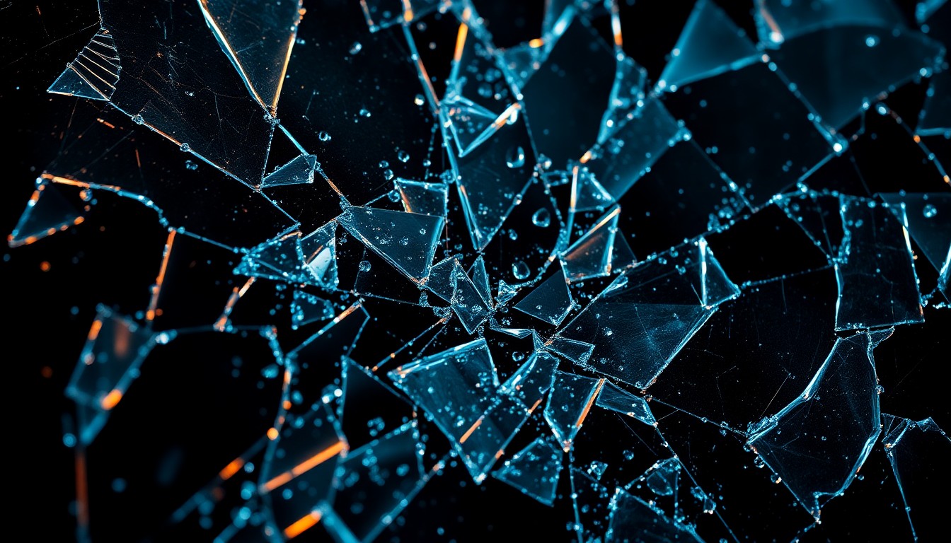 An abstract close-up image featuring shattered glass and reflective chrome surfaces, creating a high-contrast, gritty texture that evokes the themes of power and transformation at the heart of the Kockroach film.