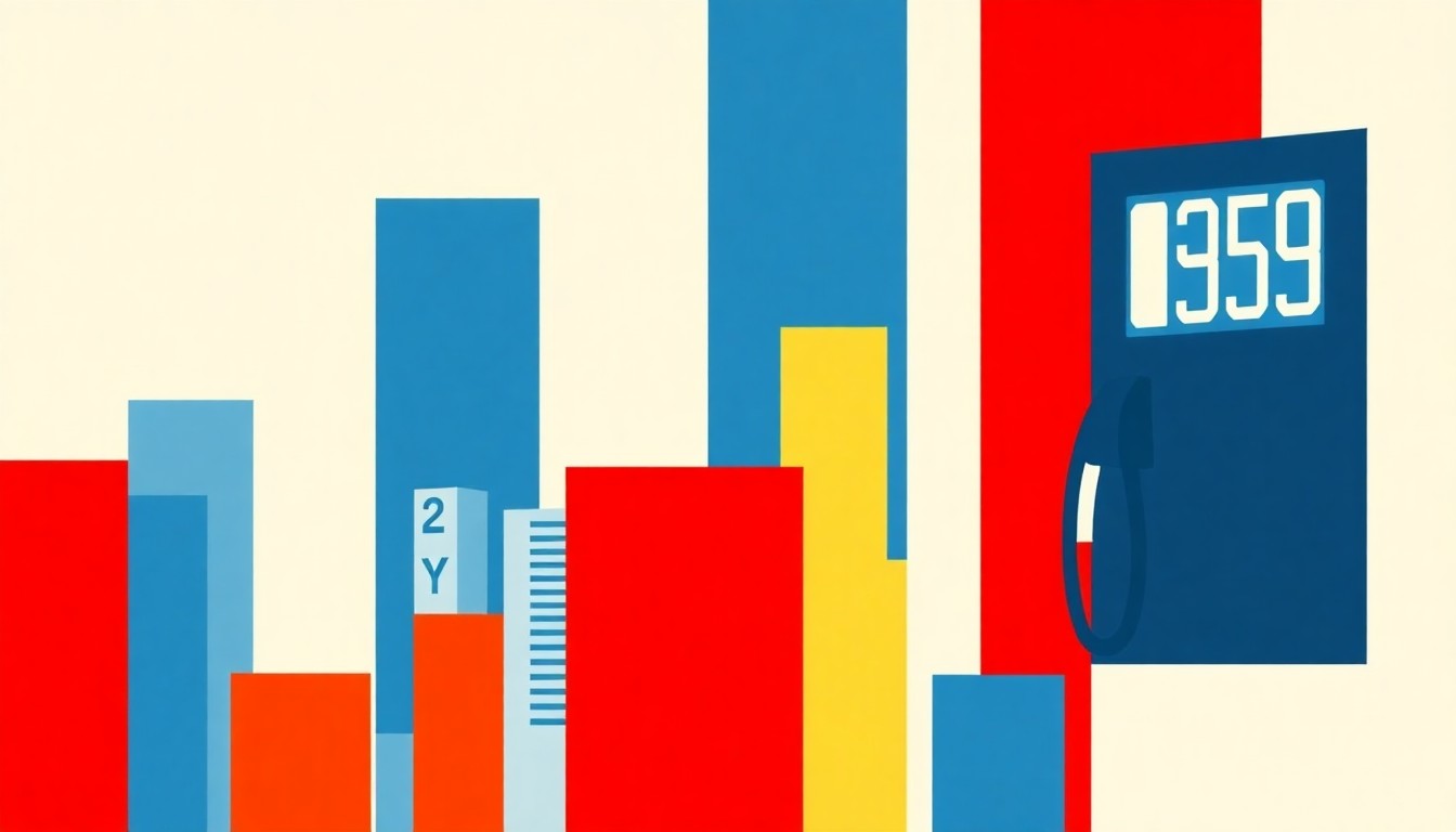 A vibrant abstract illustration using bold red, blue, and yellow geometric shapes to conceptually represent the economic impact of rising gas prices, without any literal depictions of money, gas pumps, or other direct visual references.