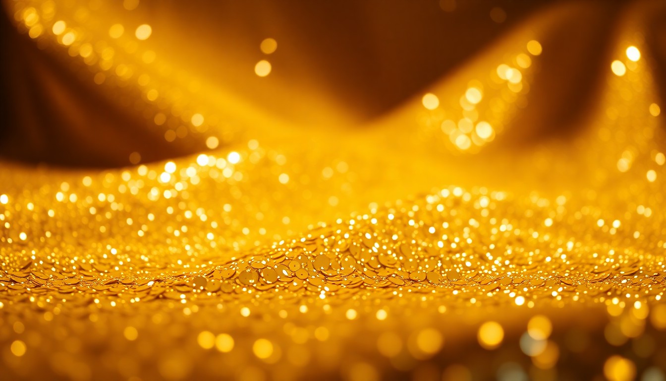 An extreme close-up of shimmering gold sequins under dramatic studio lighting, capturing the luxurious, high-fashion aesthetic of Beyoncé's Cécred launch event.
