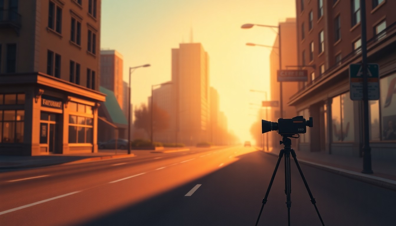 A serene, cinematic painting of a solitary speed camera on a deserted city street, with warm sunlight casting long shadows and creating a contemplative mood.