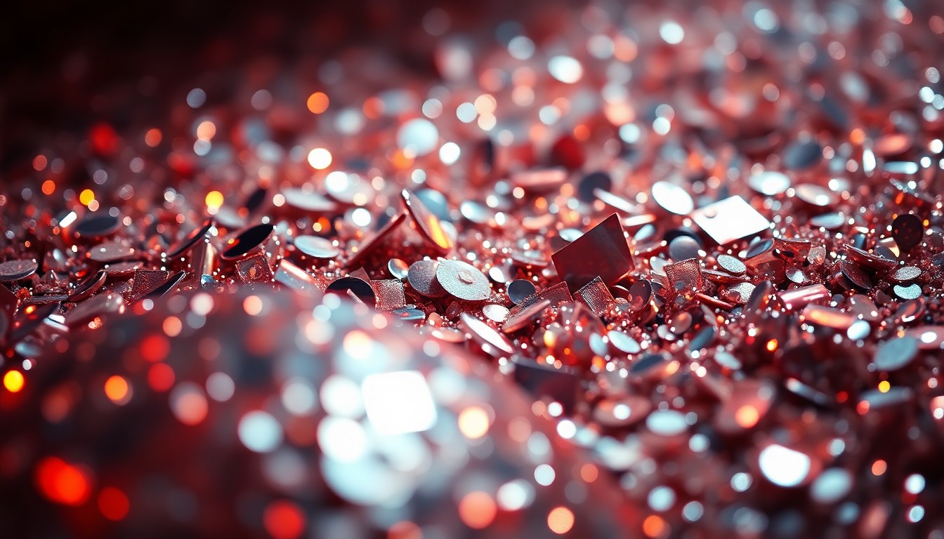 An extreme close-up of shimmering, glittering sequins and disco ball fragments, bathed in dramatic high-contrast studio lighting to create a glamorous, high-fashion aesthetic.